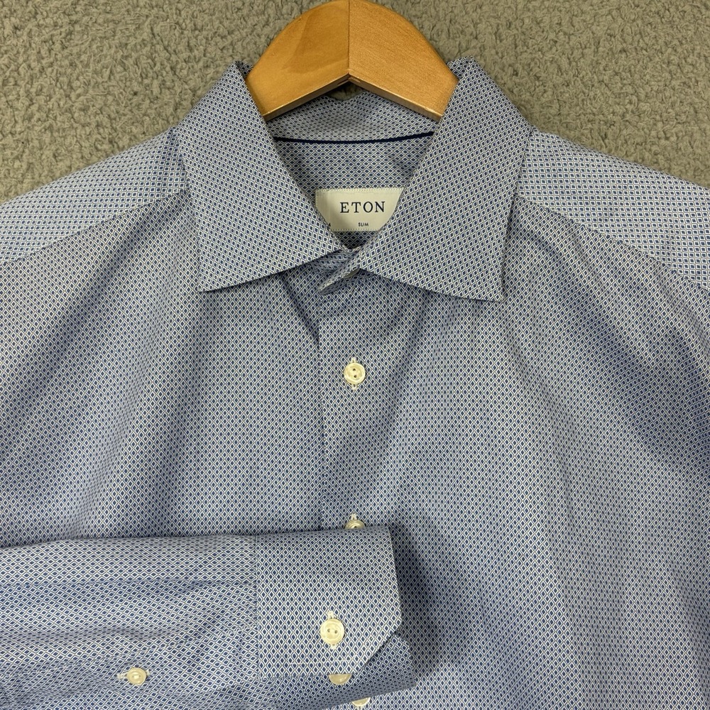 ETON Mens 17.5 XL Slim Fit Dress Shirt Blue Geometric Twill Cotton L/S